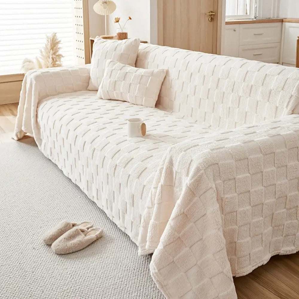 Checkered Plush Velvet Sofa Cover for Pet-Friendly Protection