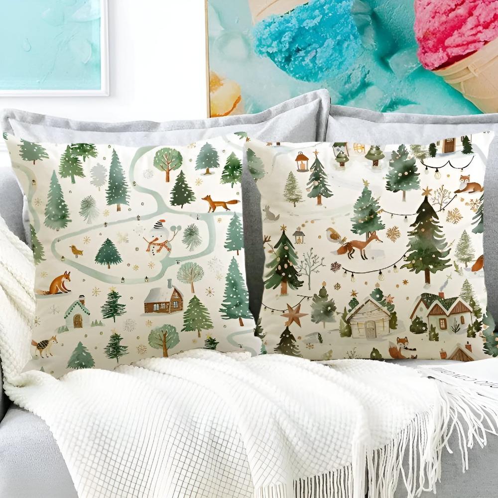 Winter Christmas Cushion Cover with Snowman and Reindeer Prints
