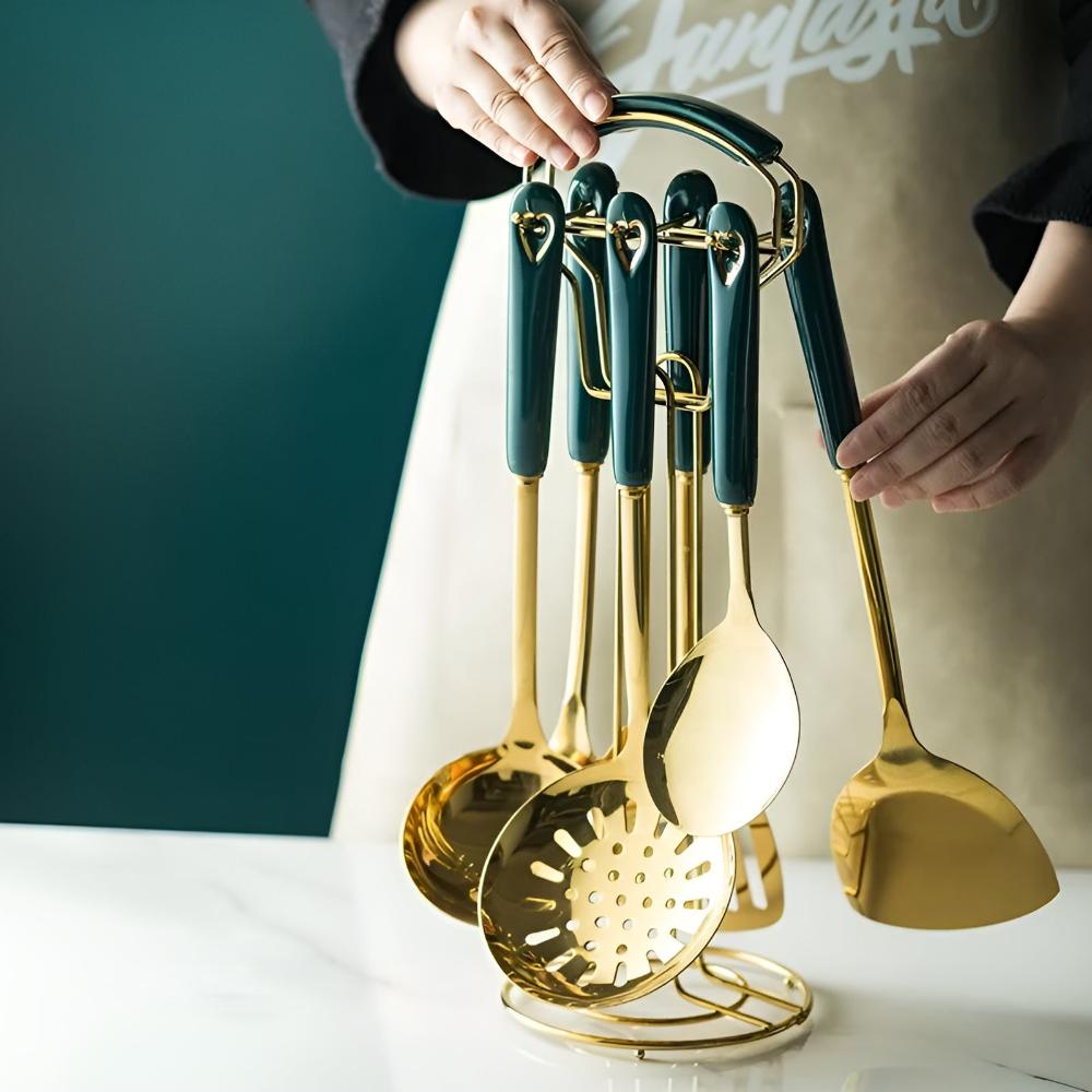 Golden Stainless Steel Utensil Set with Ergonomic Handles and Storage Rack