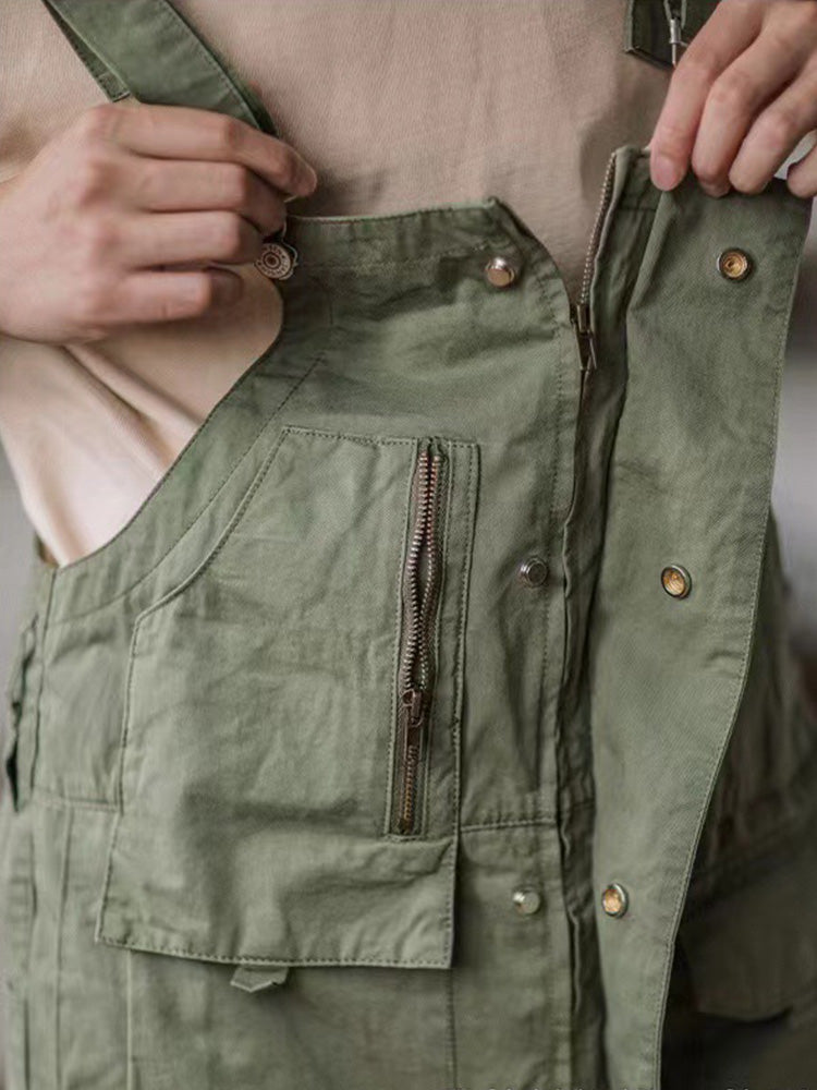 100% Cotton Loose Fit Tapered Leg Overalls with Zipper Pockets