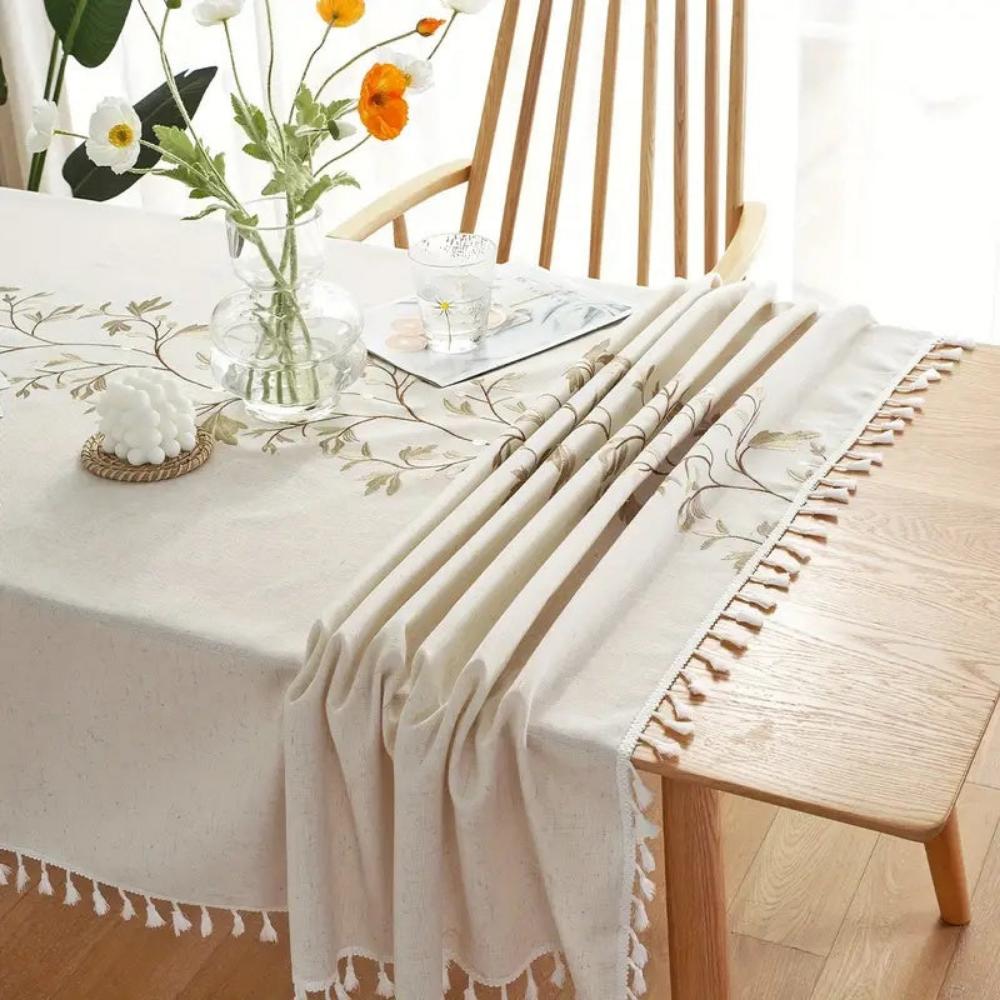 Embroidered Floral Cotton-Linen Tablecloth with Tassels