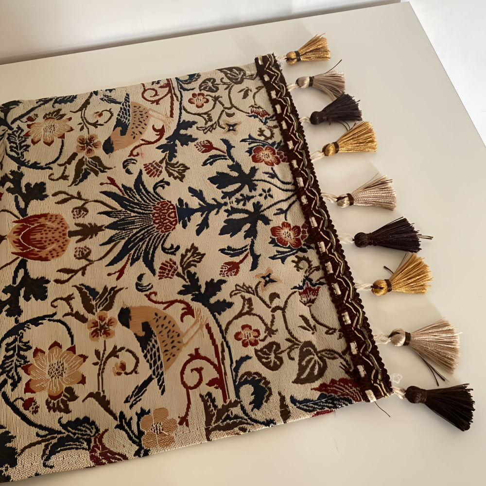 Vintage Floral Bird Jacquard Table Runner with Tasselled Edges