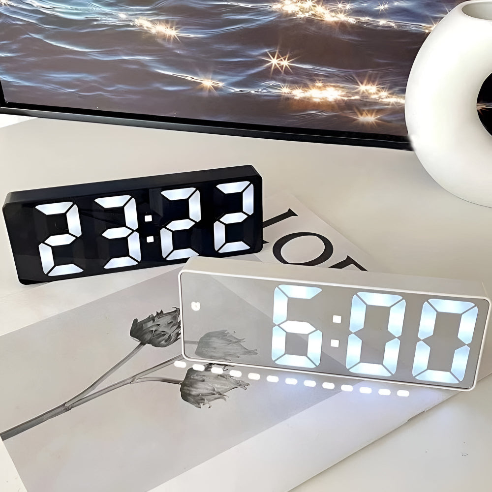Digital LED Mirror Alarm Clock with Adjustable Snooze and Temperature Display