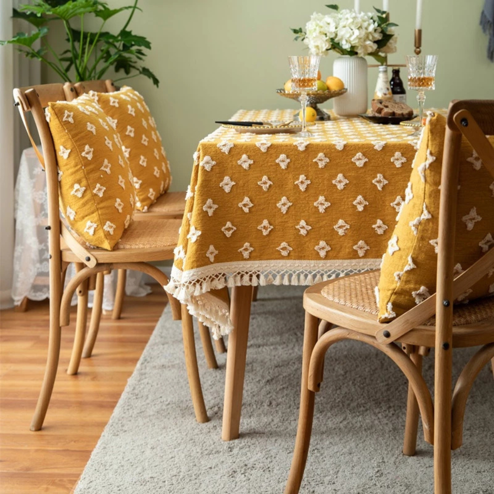 Yellow Embroidered Cotton Tablecloth with Tassels