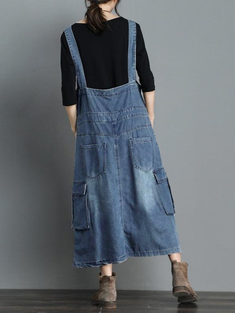 Loose Fit Vintage Denim Overall Dress with Adjustable Straps
