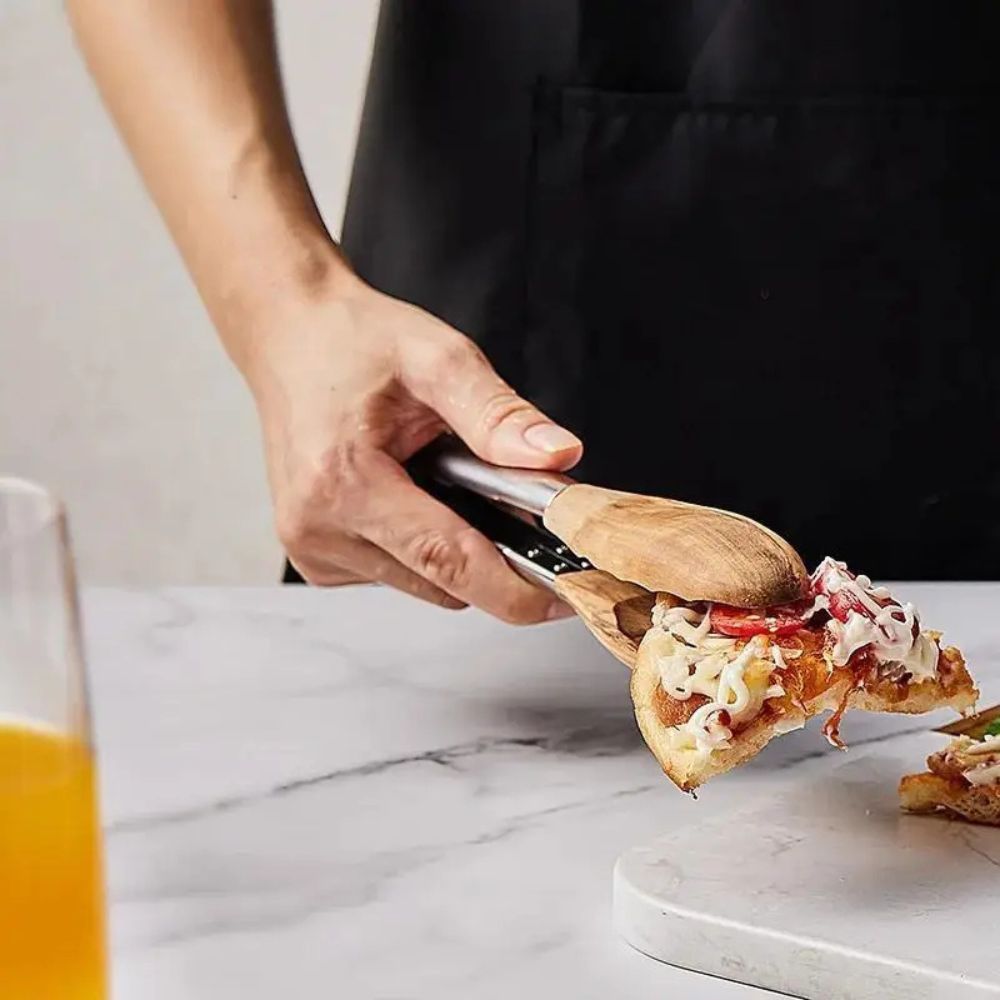 Wood and Steel Kitchen Tongs with Ergonomic Grip