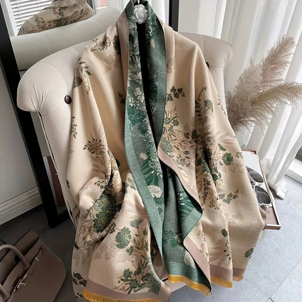 Reversible Floral Jacquard Scarf with Fringe Detail