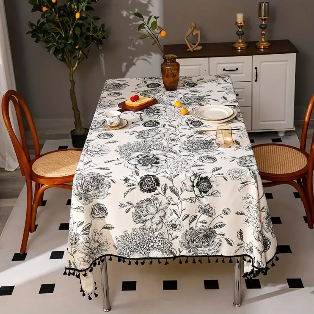 Black Floral Tasseled Tablecloth for Rustic Dining