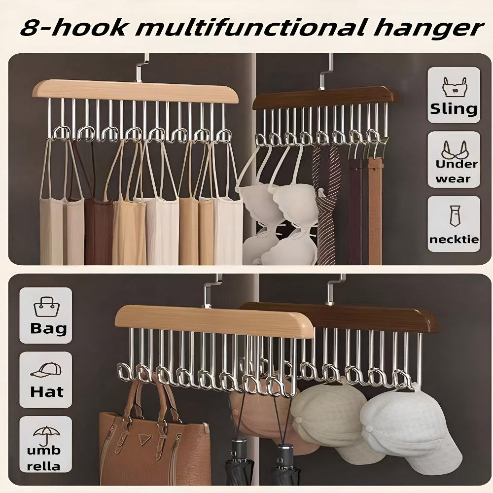 360° Rotating Wood Space Saver Rack with 8 Hooks