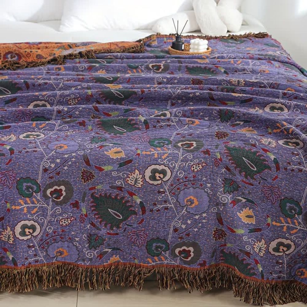 Peacock Pattern Cotton Tassel Throw Blanket