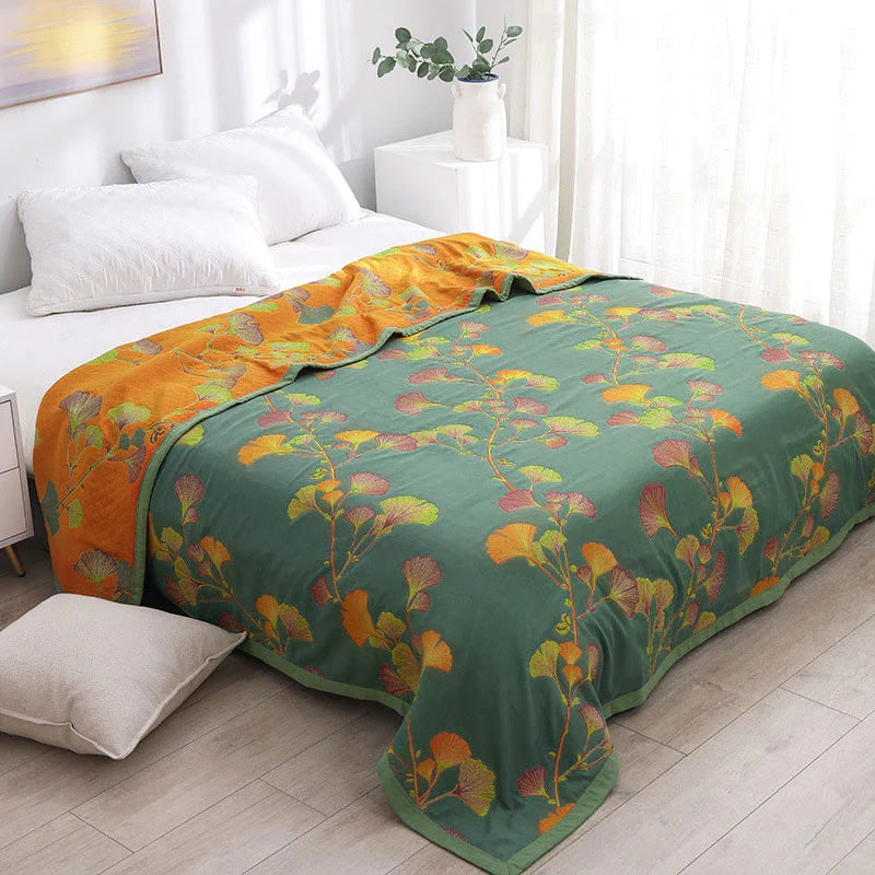Reversible Jacquard Floral Ginkgo Leaves Coverlet
