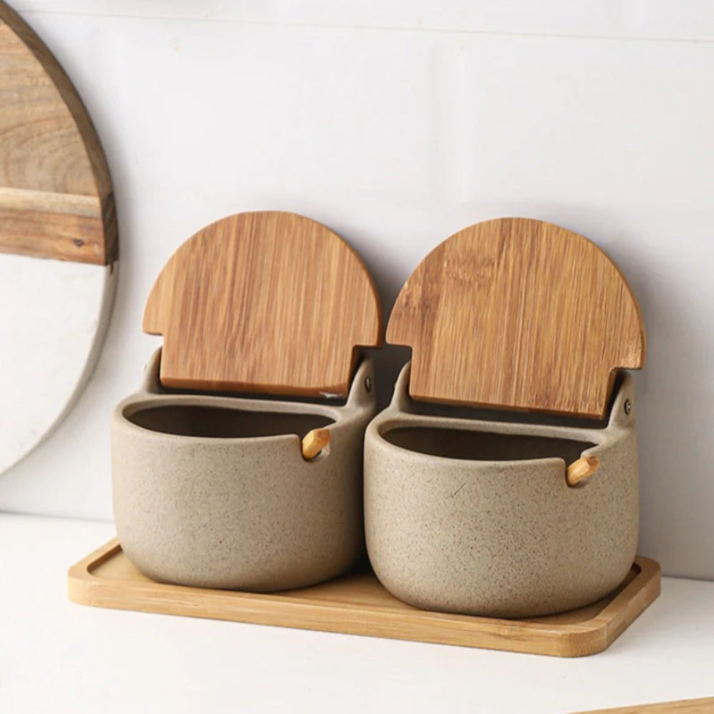 Ceramic Spice Jar Set with Bamboo Lids and Tray