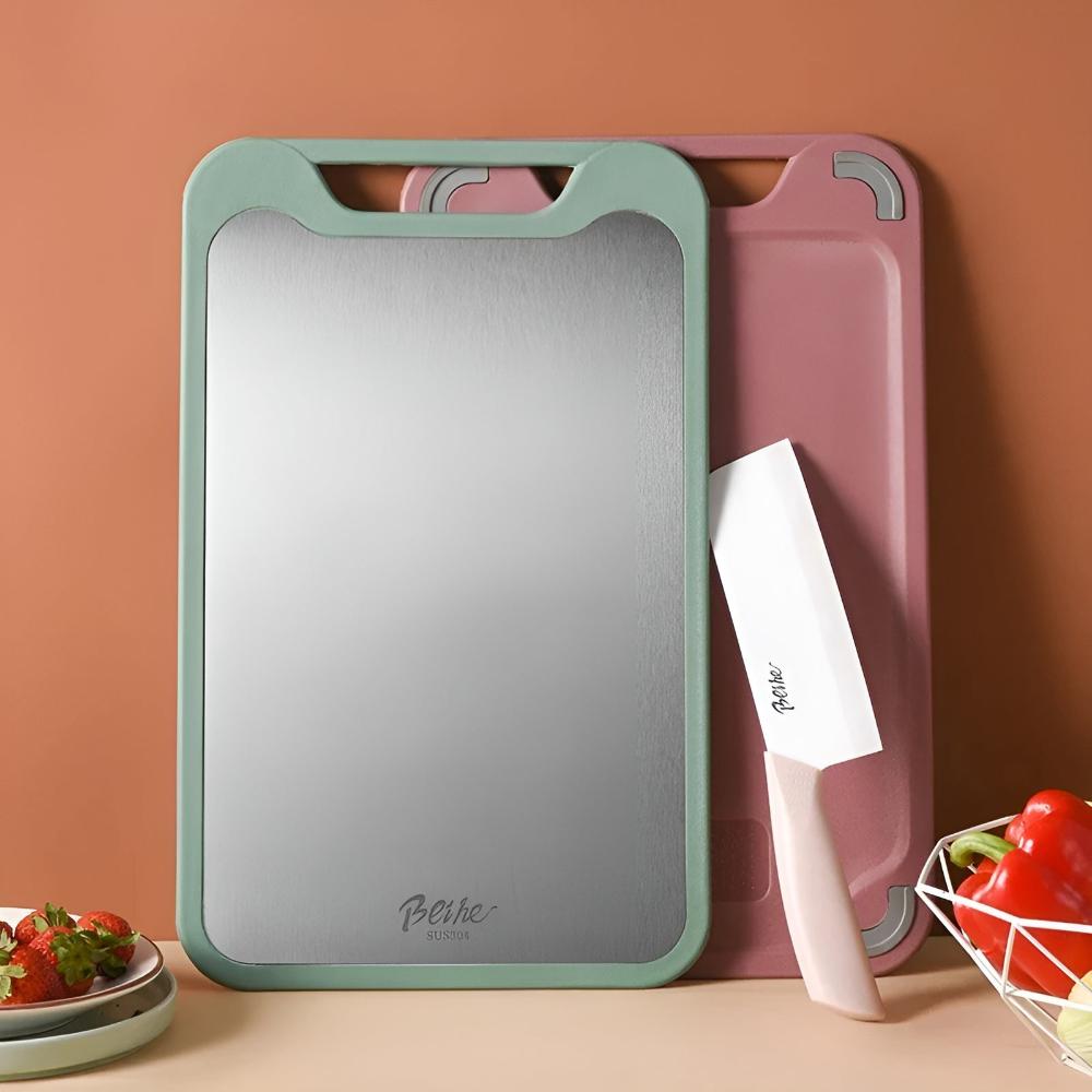 Double-Sided Stainless Steel Chopping Board with Garlic Grinder