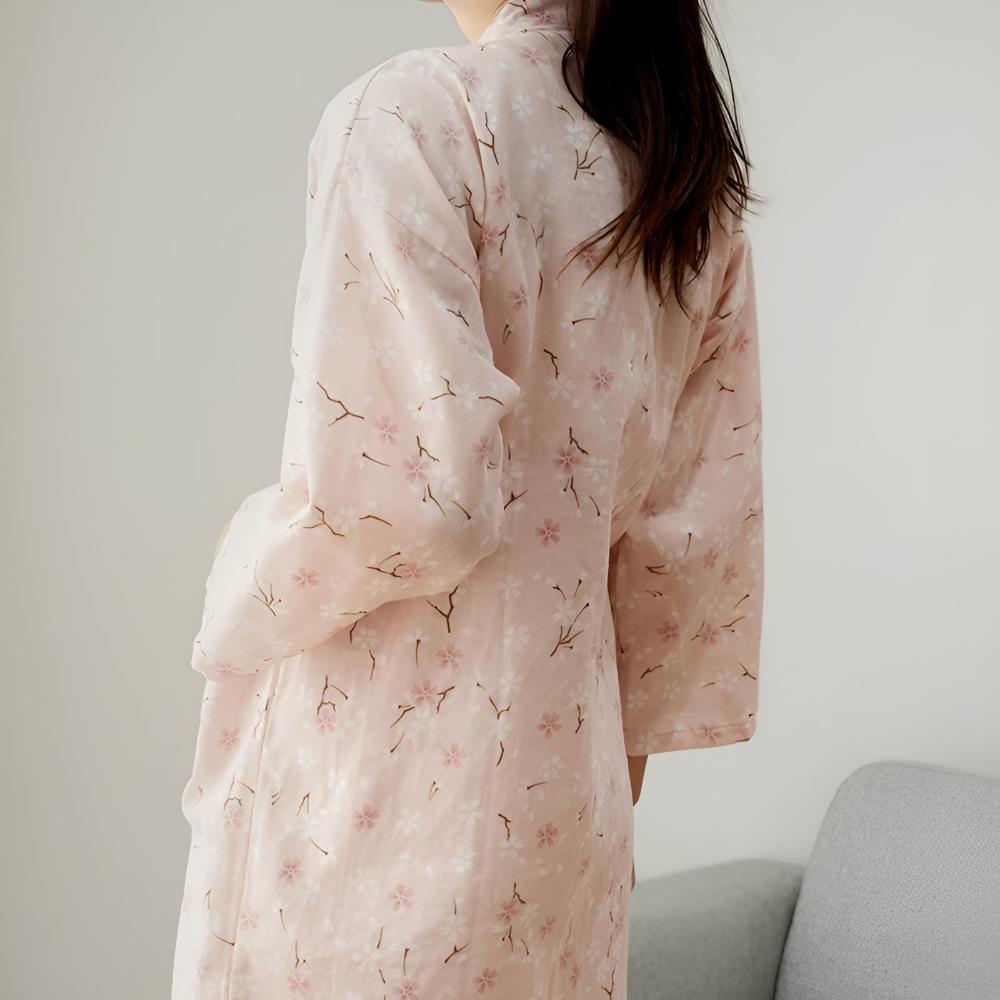 Floral Cotton Yukata Bathrobe with Adjustable Waist