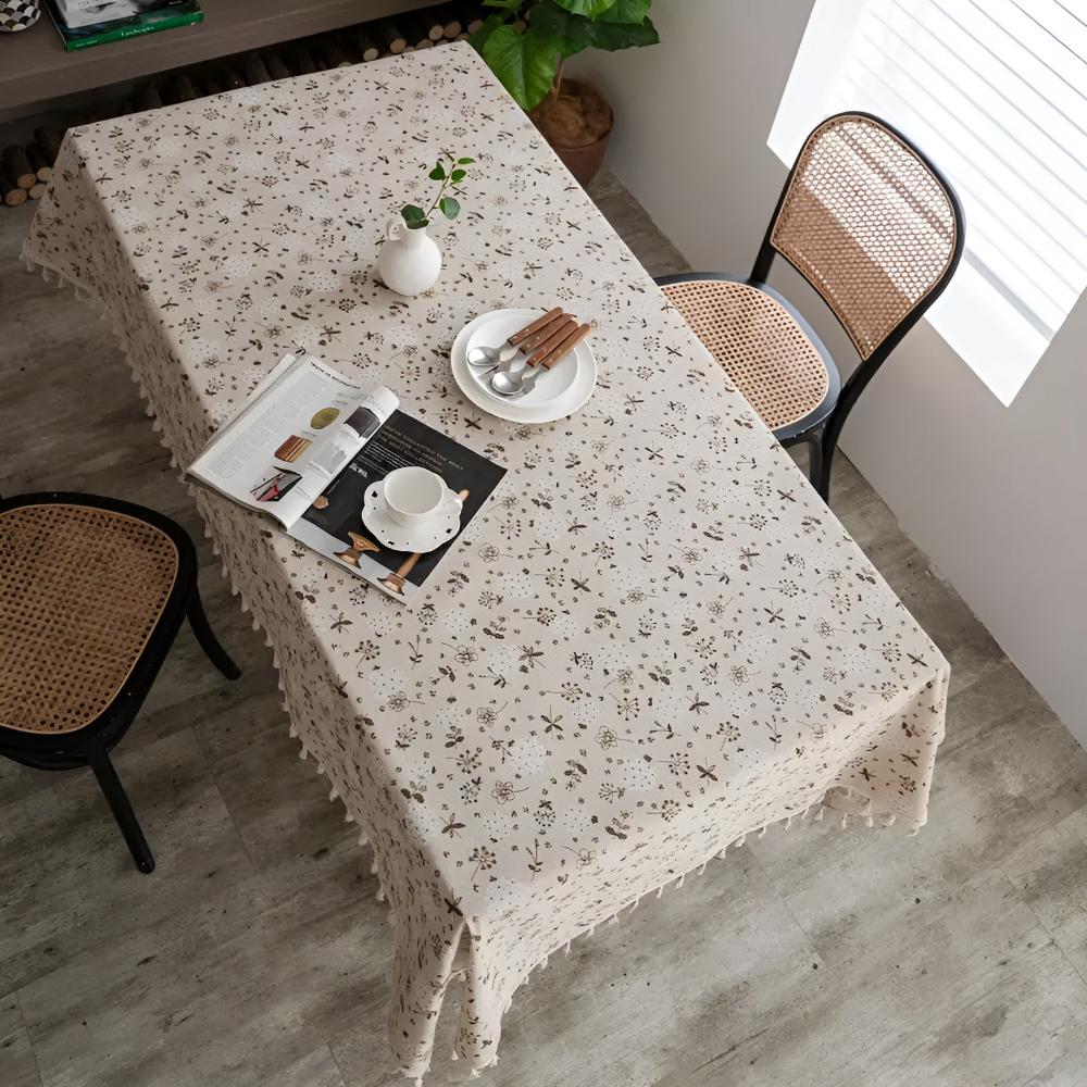 Beige Bohemian Floral Tassel Tablecloth