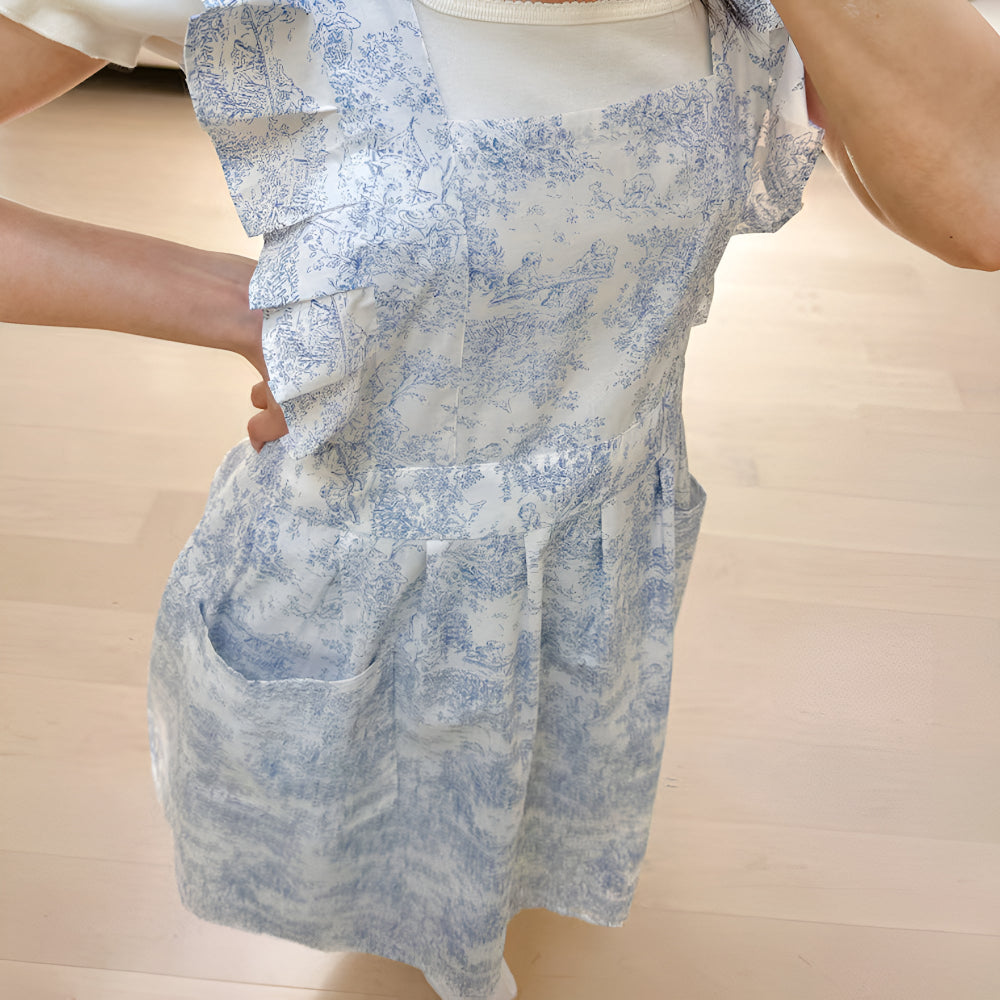 Ruffled Floral Apron with Double Pockets