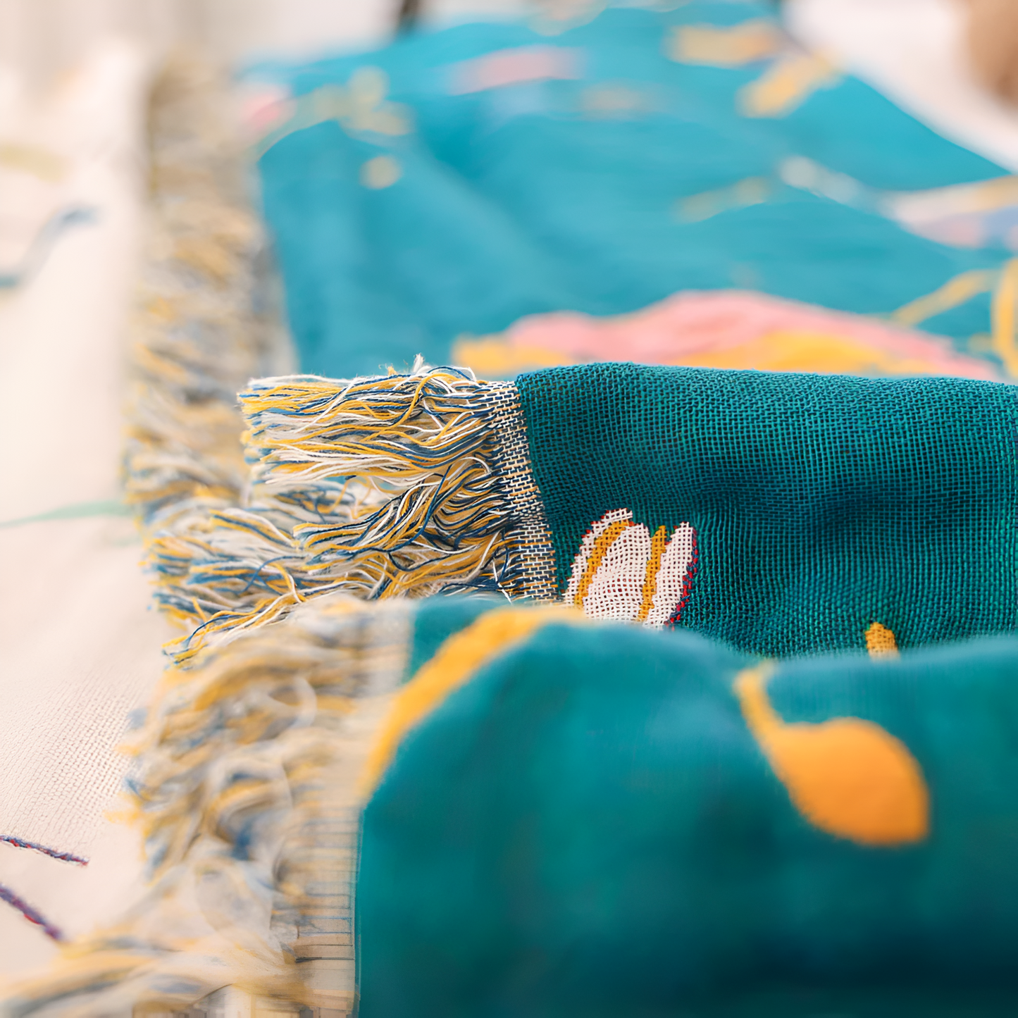 Whimsical Bird Cotton Blanket with Tassels
