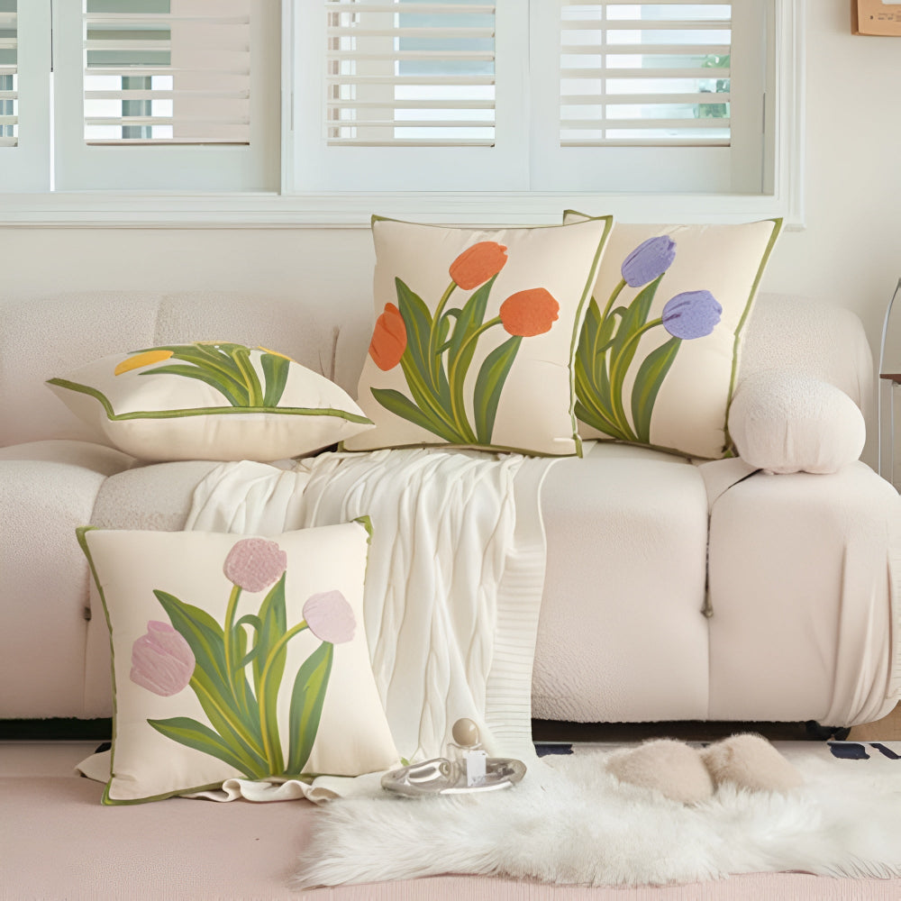 Boho-Chic Floral Embroidered Cotton Cushion Cover