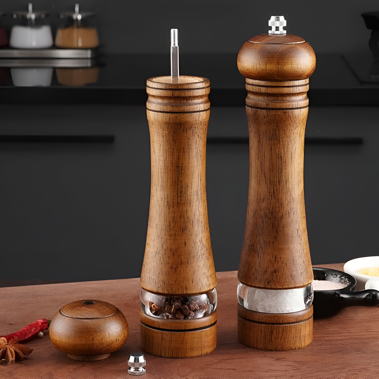 Rustic Oak Salt and Pepper Grinder Set with Adjustable Coarseness