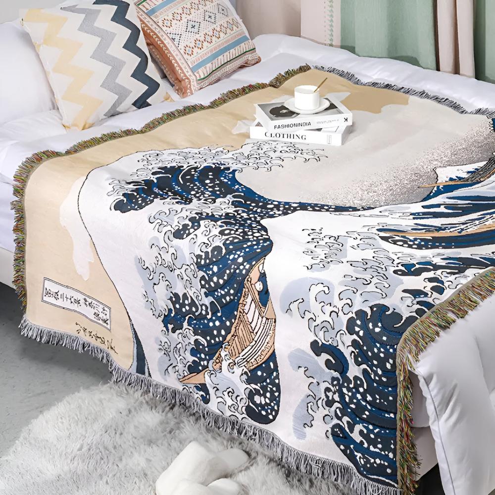 Vibrant Jacquard Weave Great Wave Throw Blanket