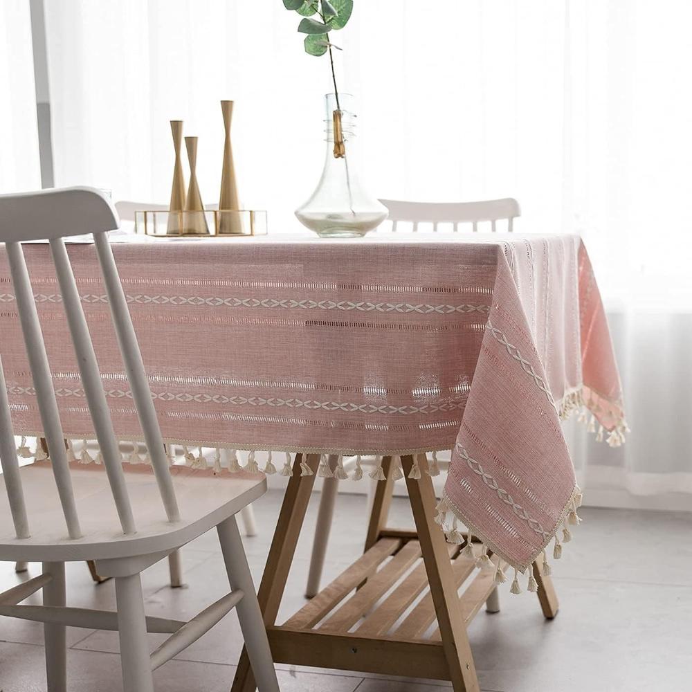 Elegant Striped Cotton Linen Tablecloth with Embroidery and Tassel Lace