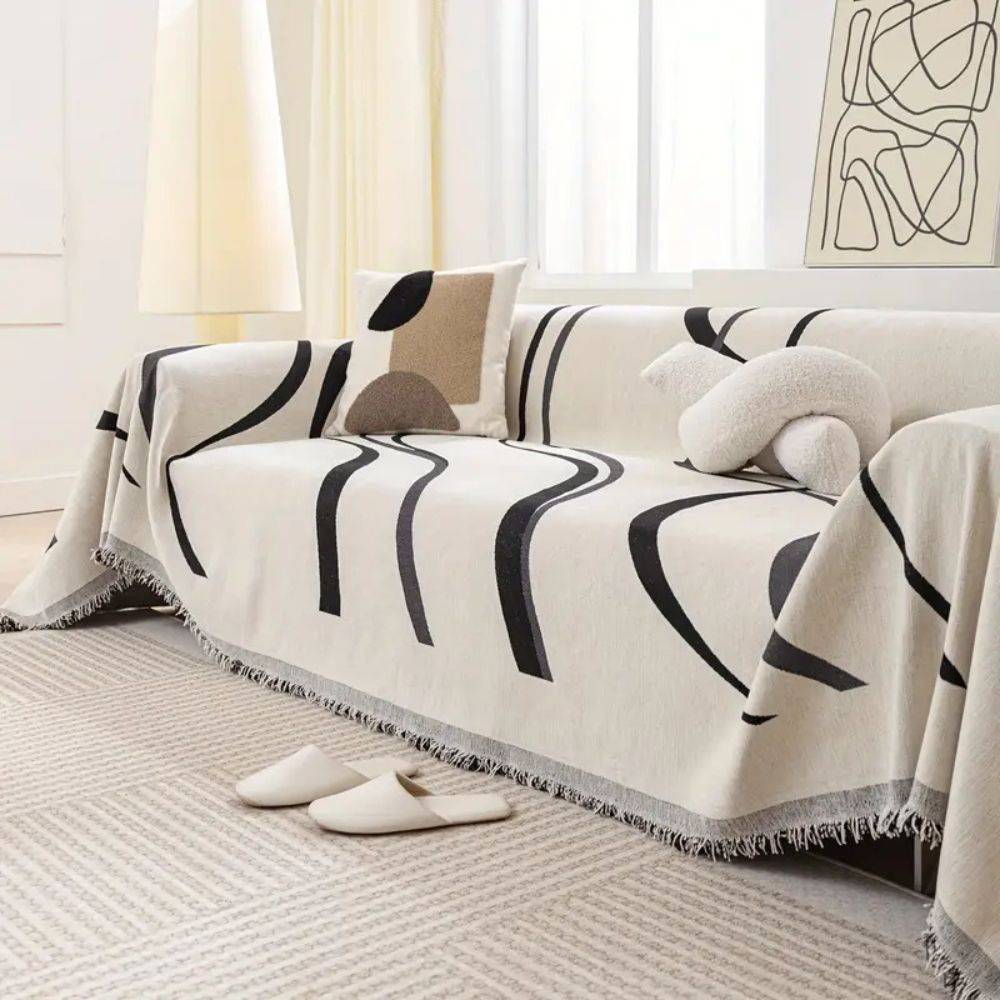 Non-Slip Wave Lines Chenille Sofa Cover with Tassels