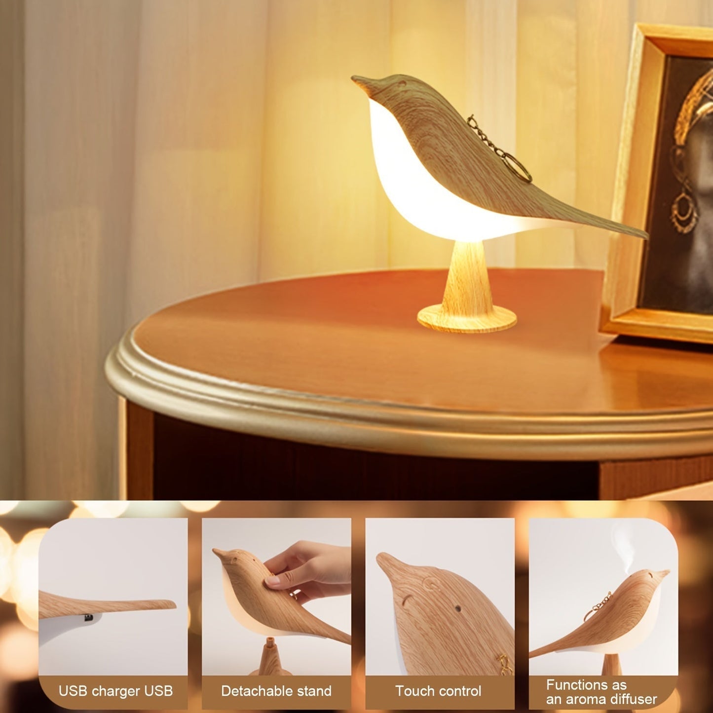 USB Rechargeable LED Bird Table Lamp with Dimmable Light