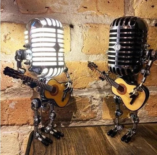 Vintage Metal Microphone Robot Lamp with Guitar Design