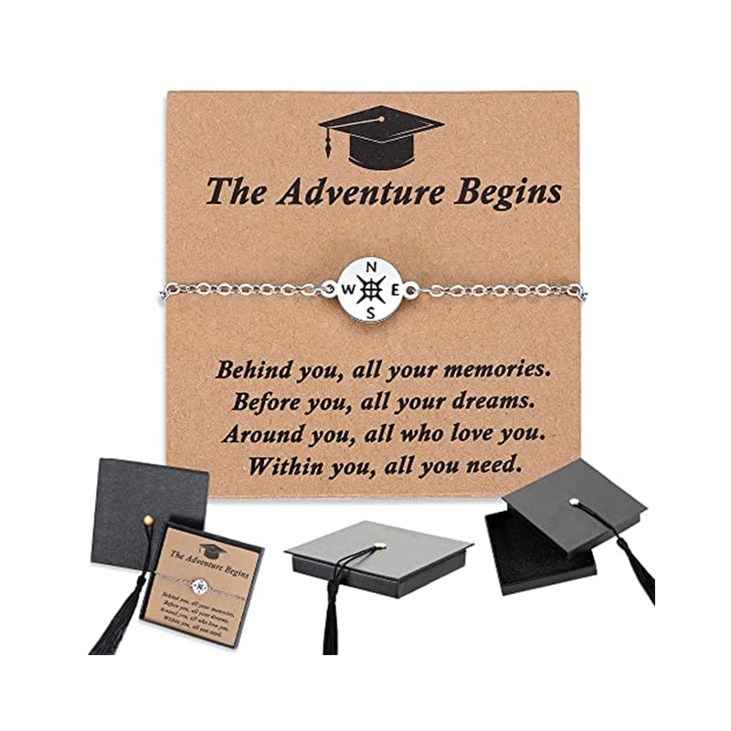 Adjustable Black Braided Graduation Bracelet with Compass Charm