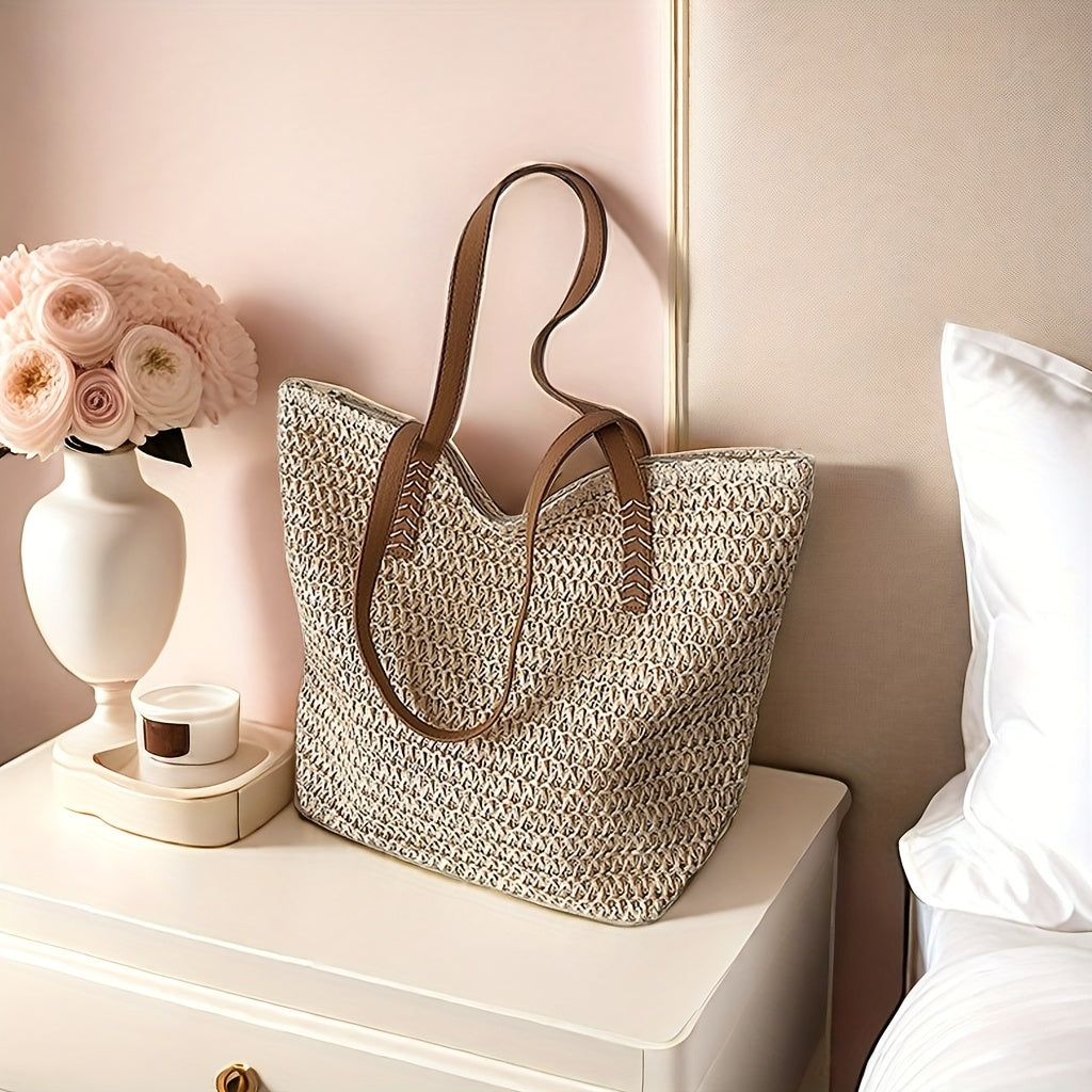 Spacious Woven Straw Beach Tote with Zipper Closure