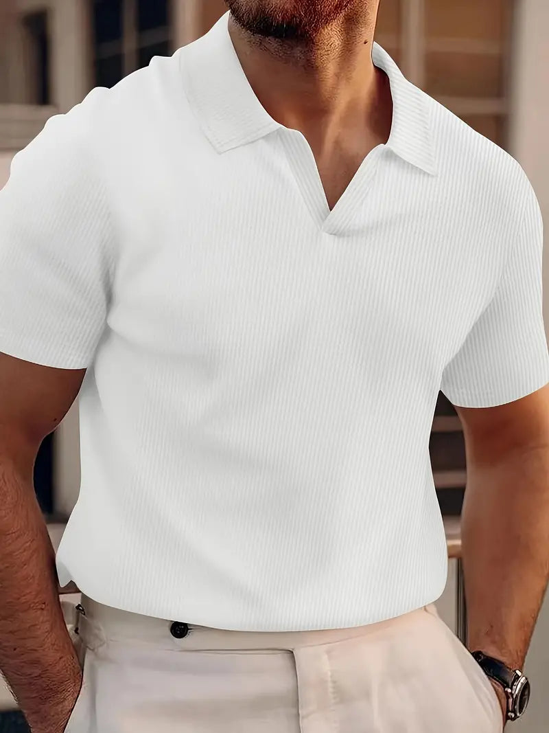 Men's V-Neck Jacquard Polo Shirt with Short Sleeves