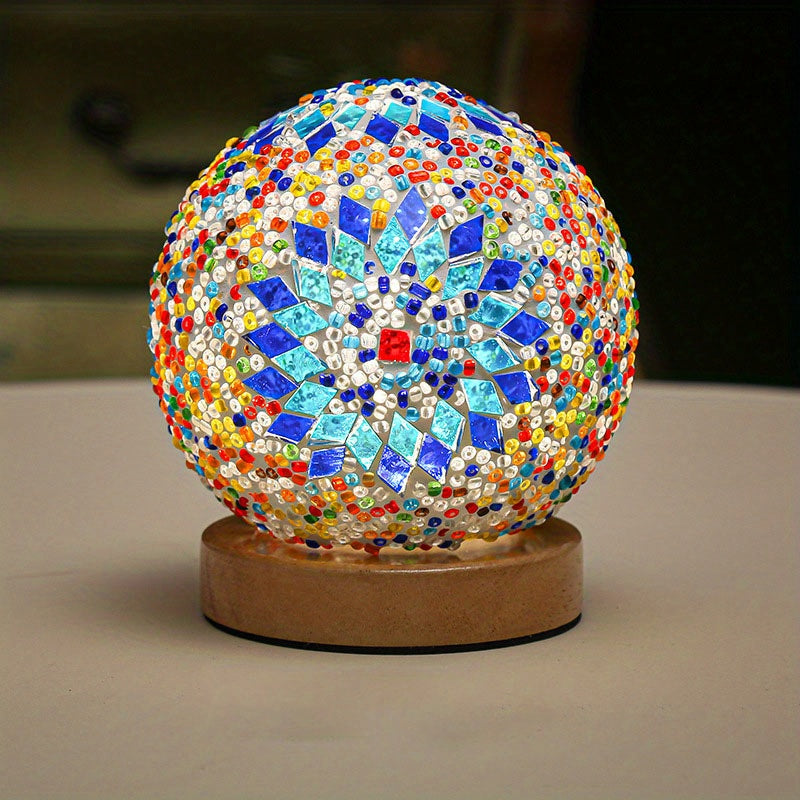 Mosaic Glass Globe Table Lamp with Wooden Base - Turkish Moroccan Style