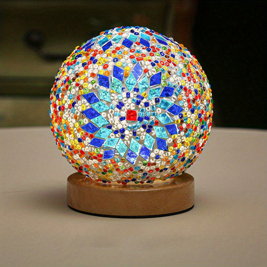 Mosaic Glass Globe Table Lamp with Wooden Base - Turkish Moroccan Style