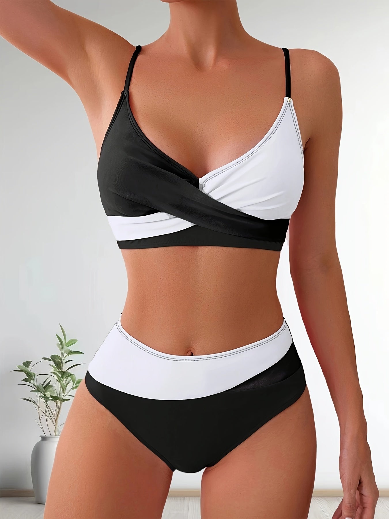 Patchwork V-Neck Bikini Swimsuit with Adjustable Straps