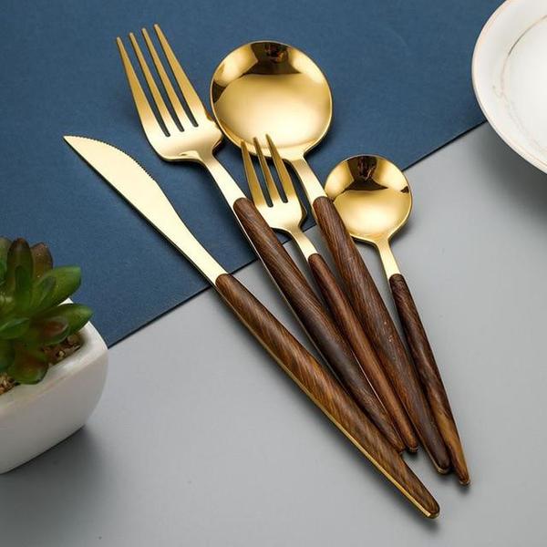 Wooden Handle Cutlery Set with Knife, Fork, Spoon, and Teaspoon