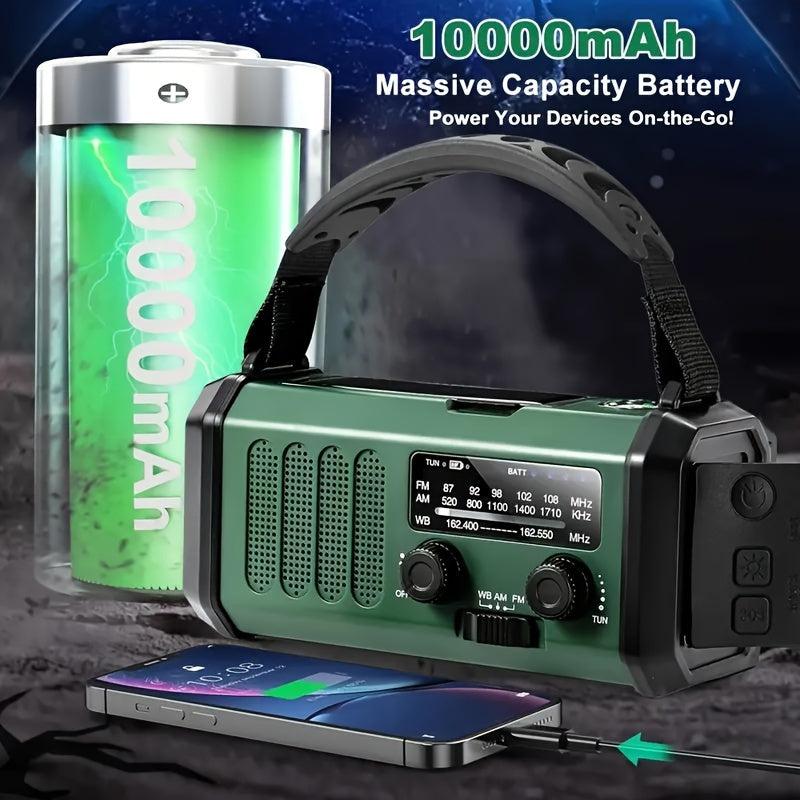Emergency Solar Crank Radio with 10,000 mAh Power Bank, LED Light, SOS Alarm, and Compass
