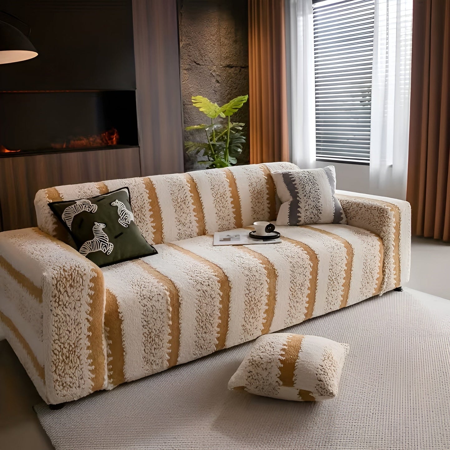 Plush Vertical Striped Sofa Cover Set - Soft Polyester Protection