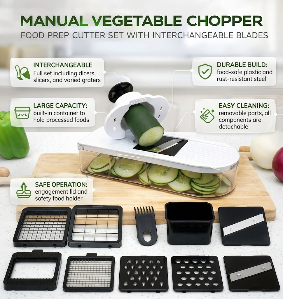 7-in-1 Manual Vegetable Chopper with Interchangeable Blades and 1.2L Container