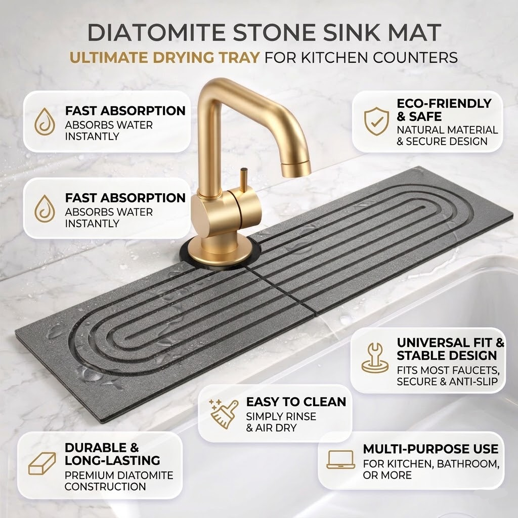 Diatomite Stone Sink Drying Mat with Faucet Cut-Out