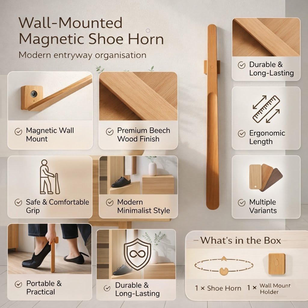 Magnetic Wall Mounted Beech Wood Shoe Horn