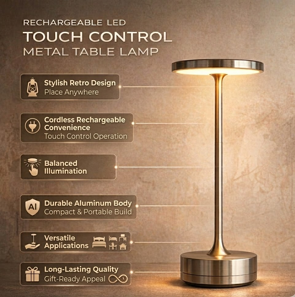 Rechargeable LED Touch Control Table Lamp in Metal