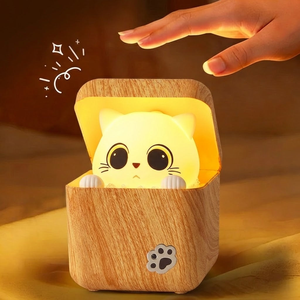 Cute Cat Wooden Night Light Lamp with Remote Control