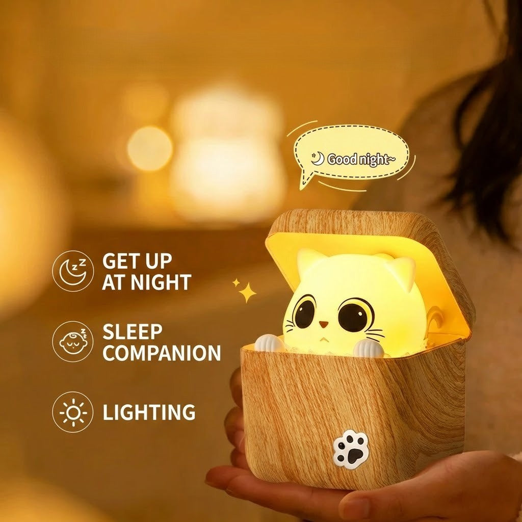 Cute Cat Wooden Night Light Lamp with Remote Control