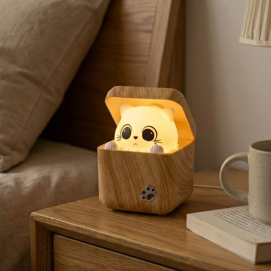 Cute Cat Wooden Night Light Lamp with Remote Control