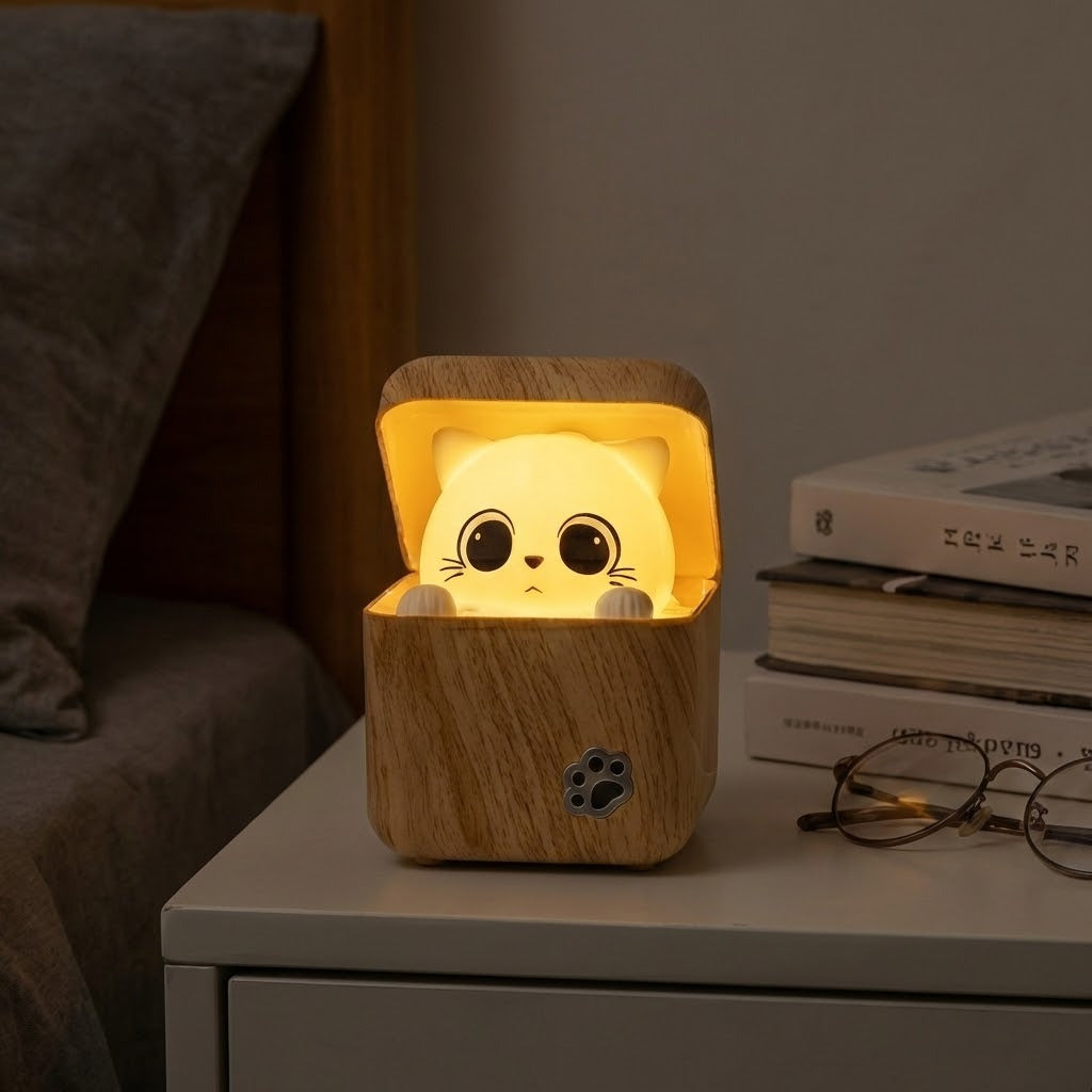 Cute Cat Wooden Night Light Lamp with Remote Control