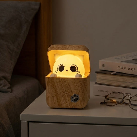 Cute Cat Wooden Night Light Lamp with Remote Control