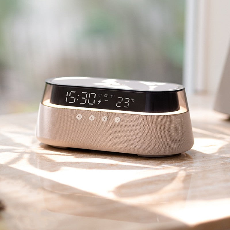 Wireless Charging Alarm Clock Bluetooth Speaker with Night Light and Temperature Display