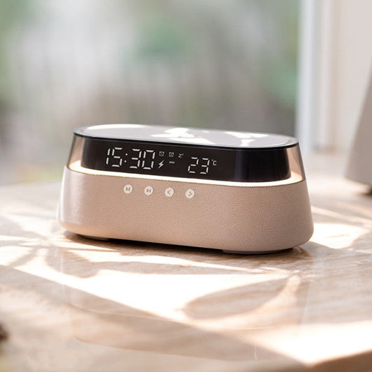 Wireless Charging Alarm Clock Bluetooth Speaker with Night Light and Temperature Display