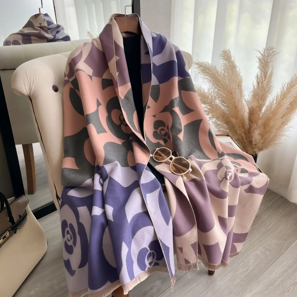 Retro Floral Fringe Shawl in Soft Microfiber