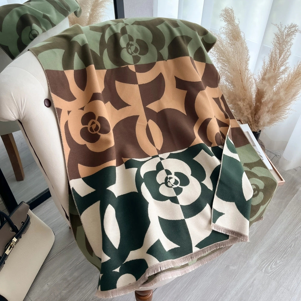 Retro Floral Fringe Shawl in Soft Microfiber
